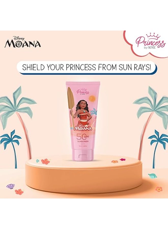 رينيه واقي الشمس برينسيس من رينيه ديزني موانا بعامل حماية SPF 50، يحمي ويغذي البشرة، لا يترك أي أثر أبيض، خفيف الوزن وغير دهني، تركيبة سريعة الامتصاص، غني بفيتامين E وزبدة الكاكاو وبروفيتامين B5، سعة 50 مل. - Image 2